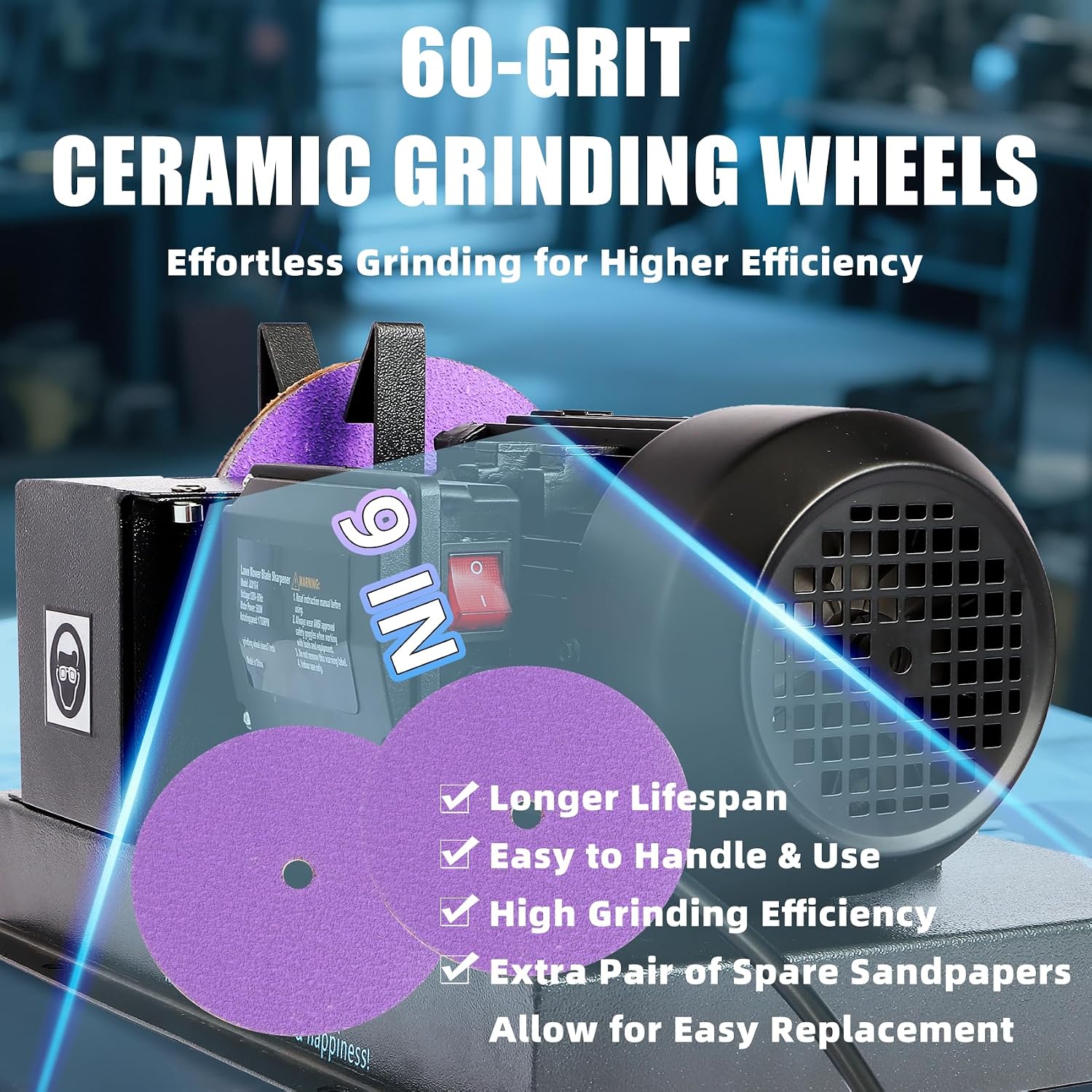 Lawn Mower Blade Sharpener, 1HP 750W Lawn Mower Blade Grinder with 9 in Ceramic Wheel, Flat Blades, Sharpens High/Low Lift, Adjustable Angle Bracket and Blade Balancer, Etc.