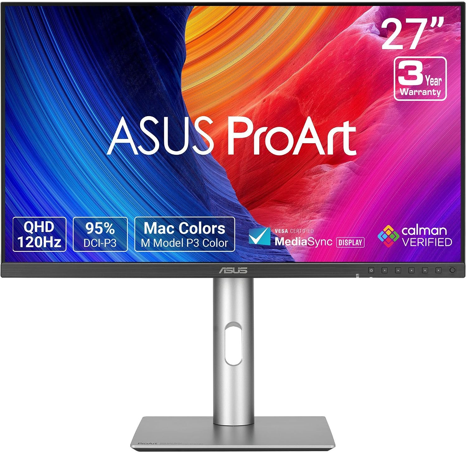 ASUS ProArt Display 27' 1440P Professional Monitor (PA278QGV) – IPS, QHD (2560 x 1440), 95% DCI-P3, Color Accurate, ΔE<2, Calman Verified, 120Hz, HDR-10, Light Sync, Ergonomic, 3 yr Warranty