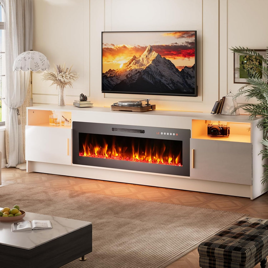 EAG 80' Electric Fireplace TV Stand with 42 inch Fireplace Up to 90' TVs, Entertainment Center with with Storage Cabinet & LED Lights, Modern Media Console for Living Room, White
