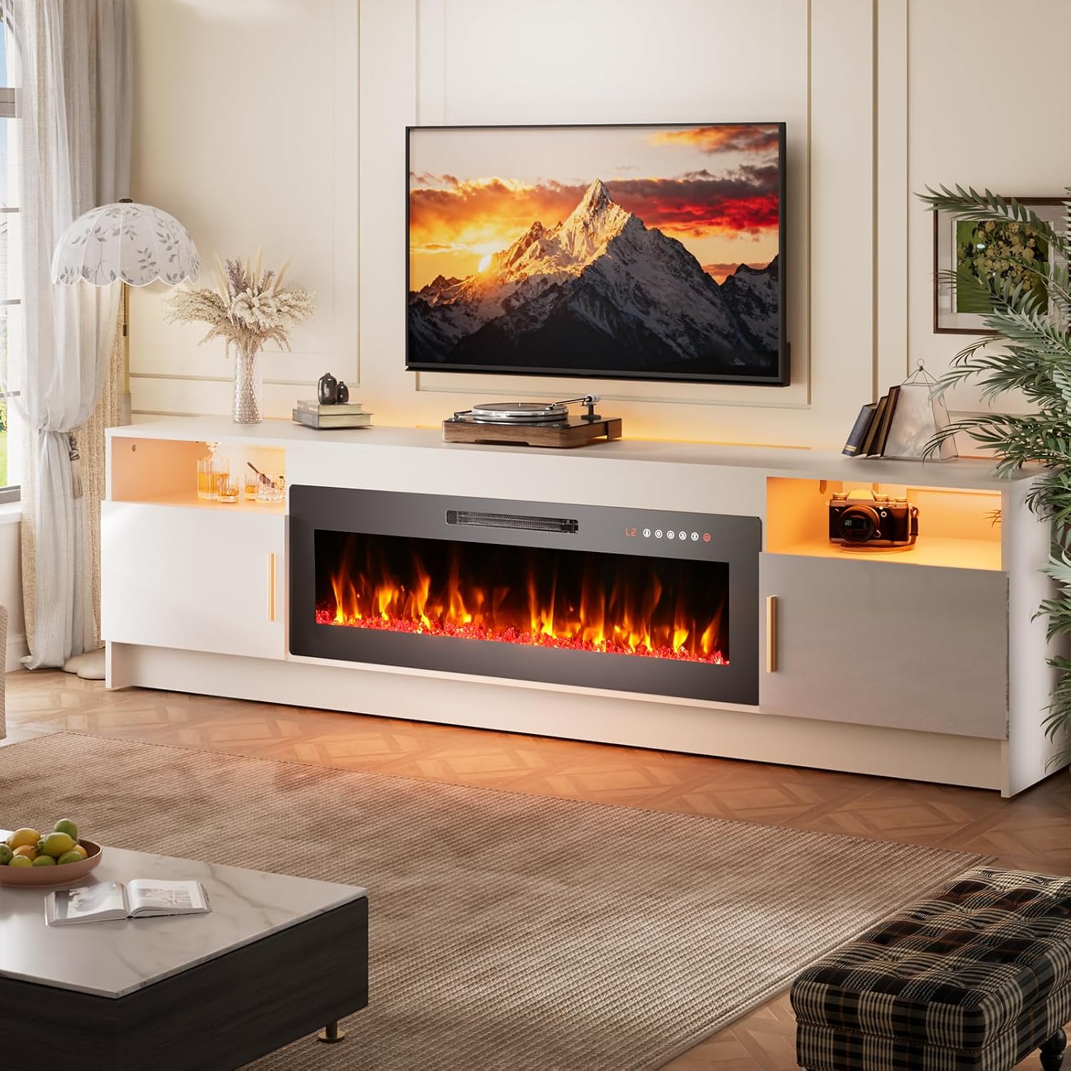 EAG 80' Electric Fireplace TV Stand with 42 inch Fireplace Up to 90' TVs, Entertainment Center with with Storage Cabinet & LED Lights, Modern Media Console for Living Room, White