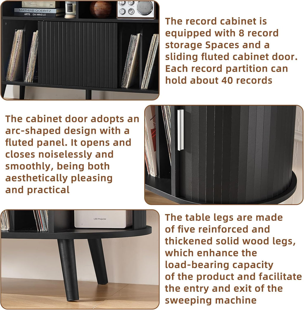 LELELINKY Large Round Record Player Stand with Charging Station & Fluted Panel, Black Farmhouse Turntable Cabinet with Vintage Vinyl Storage, Arched Wood Record Player Table for Living Room