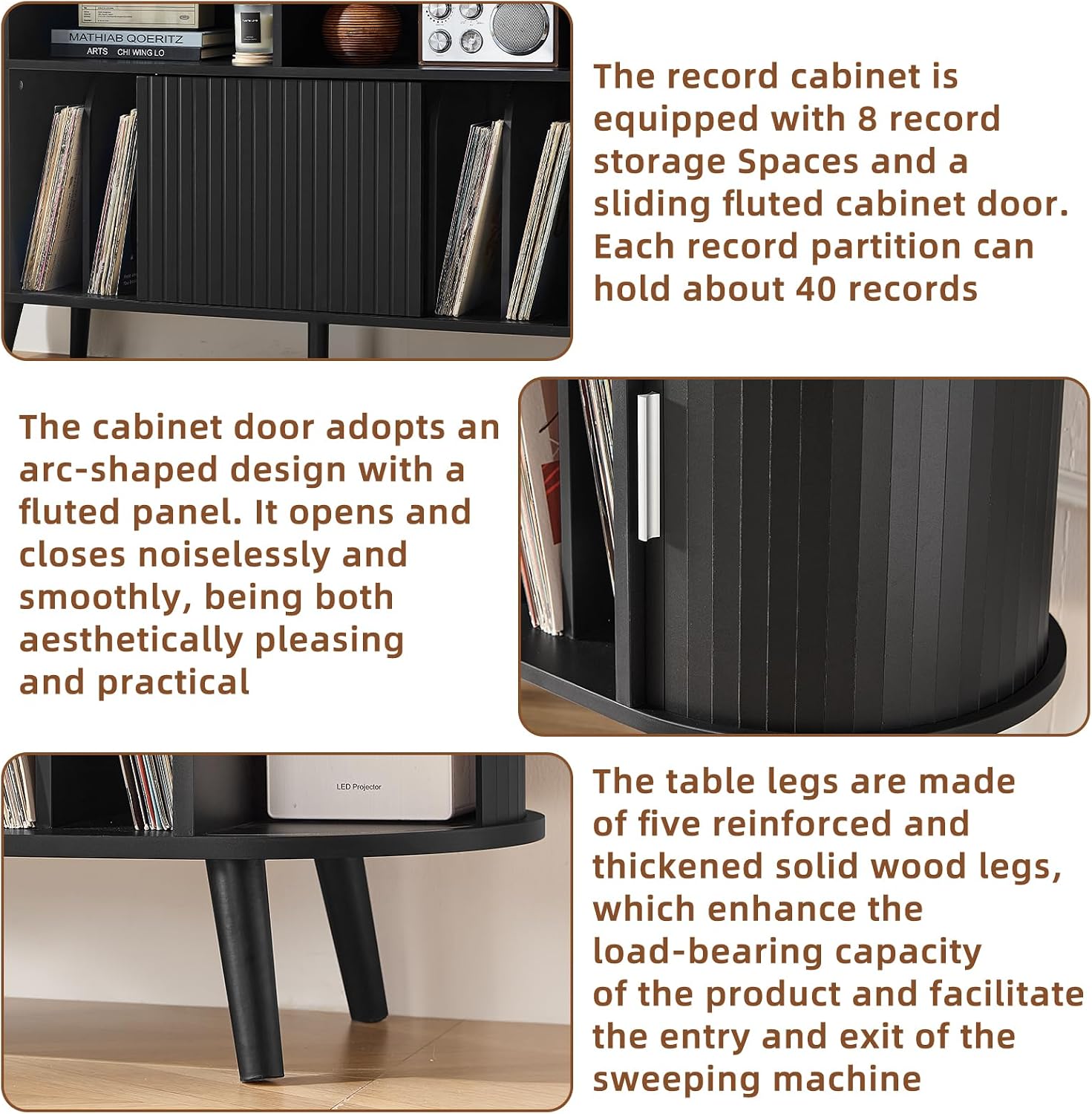 LELELINKY Large Round Record Player Stand with Charging Station & Fluted Panel, Black Farmhouse Turntable Cabinet with Vintage Vinyl Storage, Arched Wood Record Player Table for Living Room