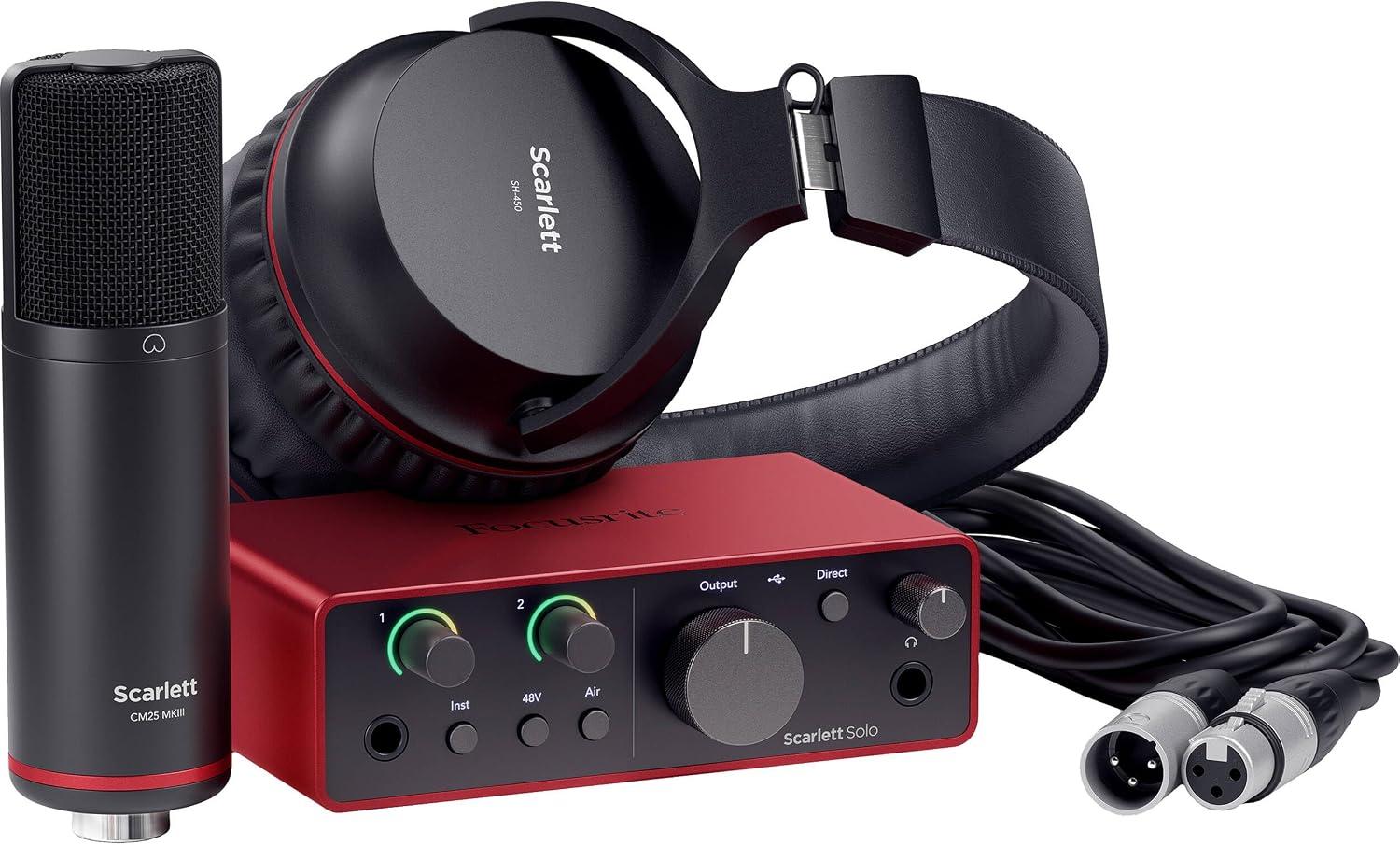 Focusrite Scarlett Solo Studio 4th Gen USB Audio Interface Desktop Bundle with CM25 MkIII Mic, SH-450 Headphones, StreamEye Boom Arm, and Pop Filter — 24-Bit/192kHz, Air Mode, Auto Gain