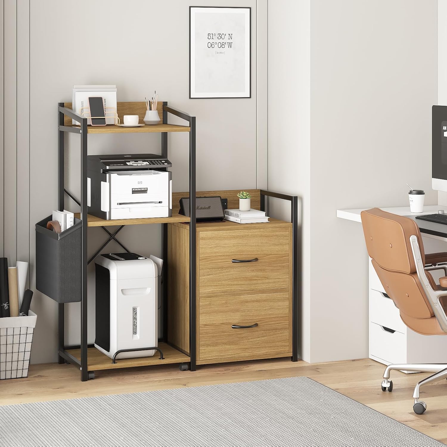 Tall Printer Stand with Storage Shelf and Bag,Filing cabinet,Lateral Office Filing Cabinets with Power Outlets & USB Charging Port, Shredder Stand w/Wheels,Suitable for 3D Shredder Scanner Fax