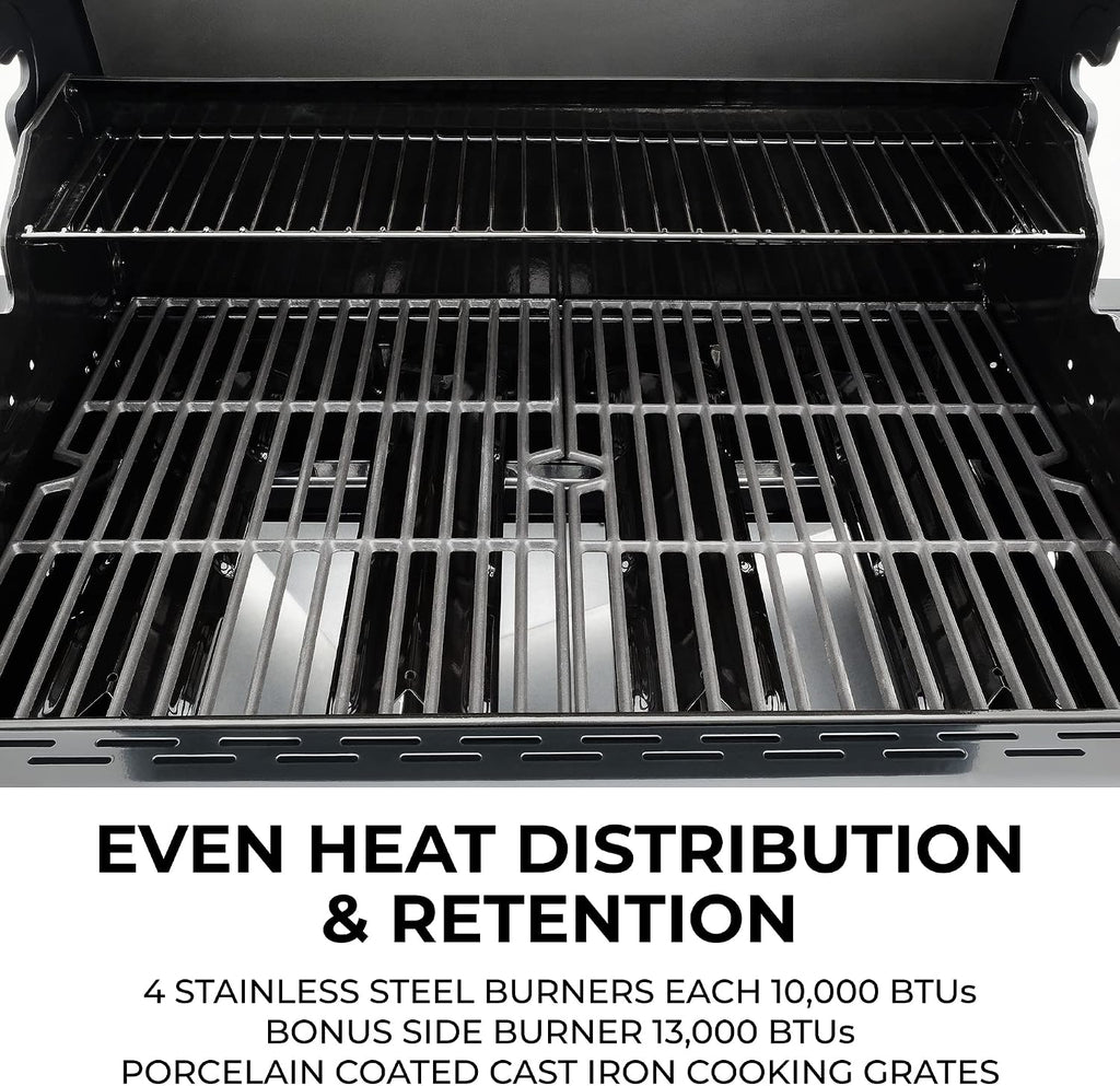 Kenmore 4-Burner Gas Grill with Side Burner, Outdoor BBQ Grill, Propane Gas Grill, Cast Iron Cooking Grates, Electronic Ignition, Warming Rack, Open Cart Design, 53000 BTUs, Black