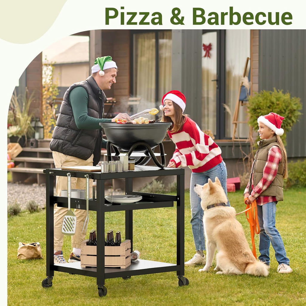 NUUK Outdoor Grill Prep Table 24'x30' Metal Grill Cart Outside 3-Layer Pizza Oven Table Movable with Universal Wheels for BBQ Backyard Patio