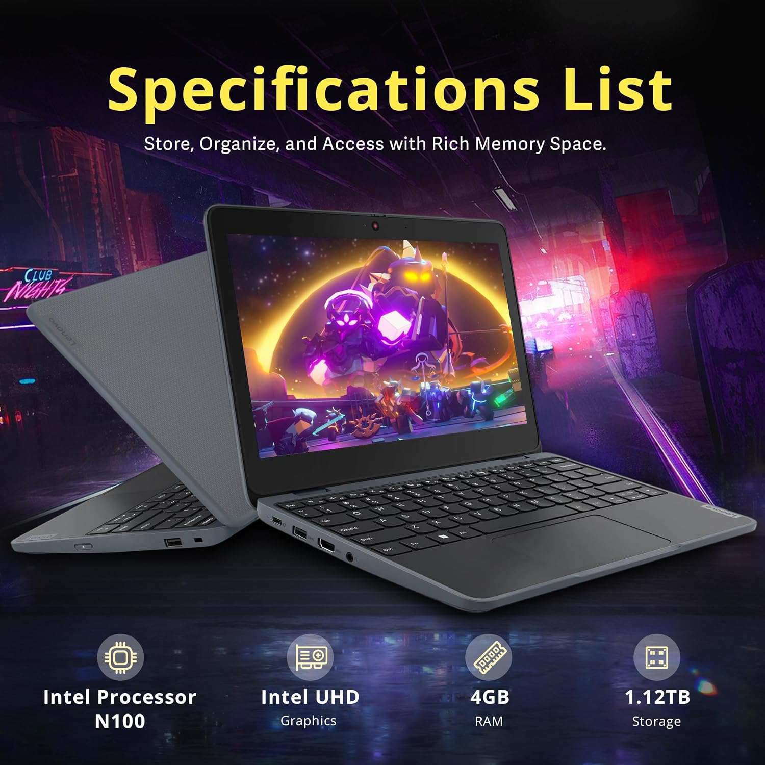 Lenovo 100w Gen 4 11.6' HD Laptop, Intel Processor N100, 4GB LPDDR5, 1.12TB Storage (128GB SSD+ 1TB Docking Station Set), Intel UHD Graphics, 720p HD Camera Wi-Fi 6, Win 11 Pro, Gray