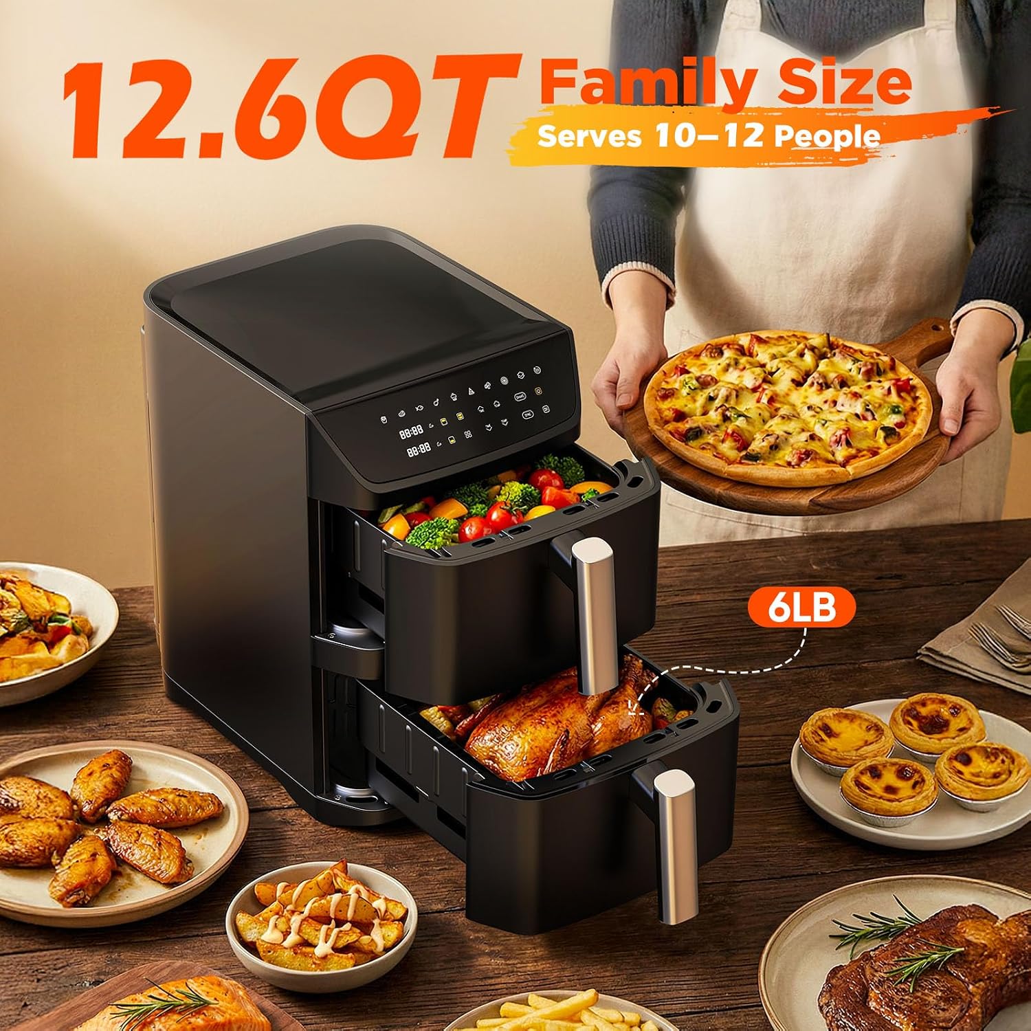 Dual Basket Air Fryer, 12.6QT Family-Size for 10–12 People, XL Basket for 6LB Whole Chicken, DoubleStack Compact Design, 10-in-1 Functions with Reheat, Dehydrate & SyncFinish, Dishwasher-Safe, Black