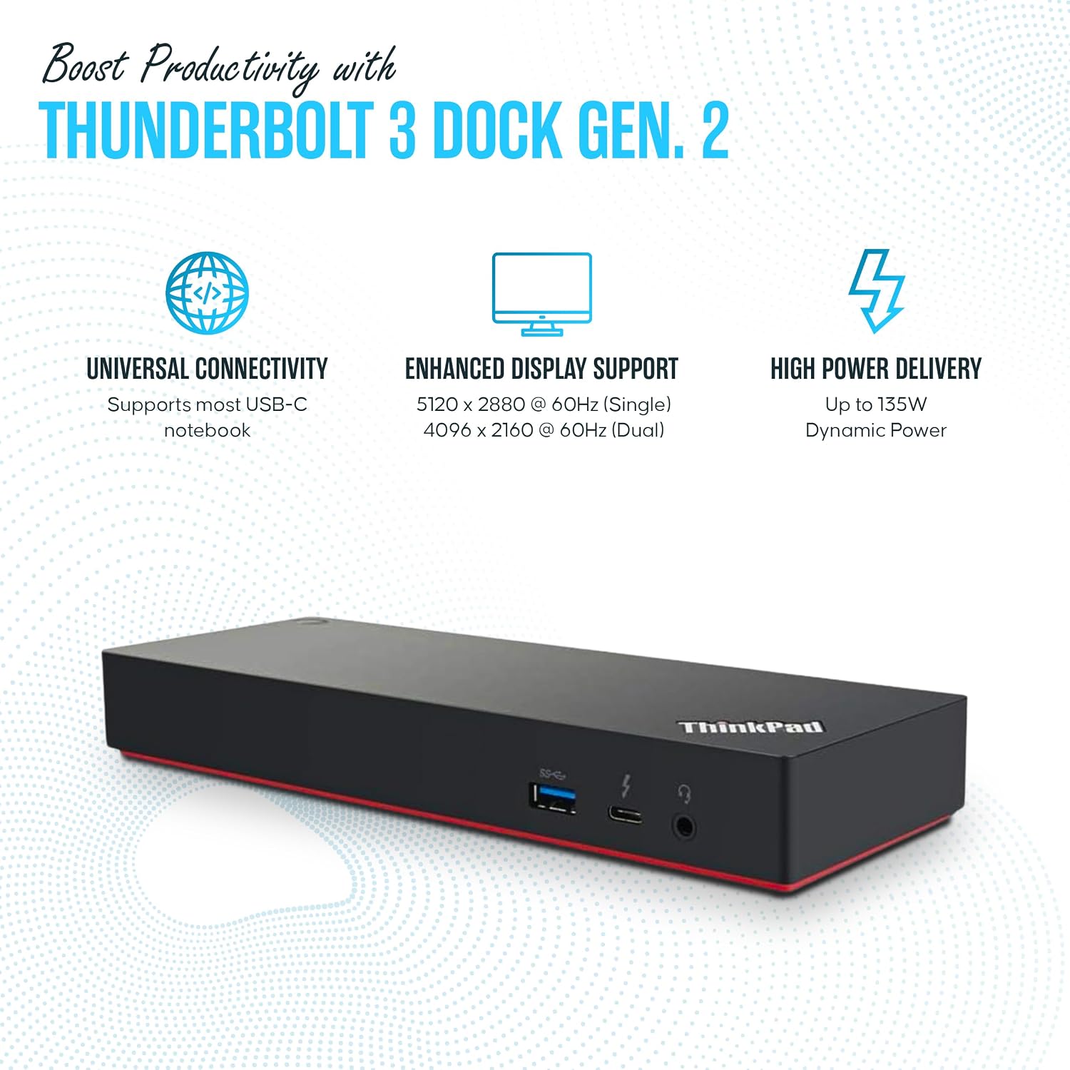 Lenovo 40AN0135US Thunderbolt 3 Dock Gen 2 Dual UHD 4K Display - Thinkpad Docking Station Dual Monitor with 135W Slim Tip Adap TER, USB-C Cable, HDMI, DP & TB3 Cable, Cleaning Cloth (Renewed)