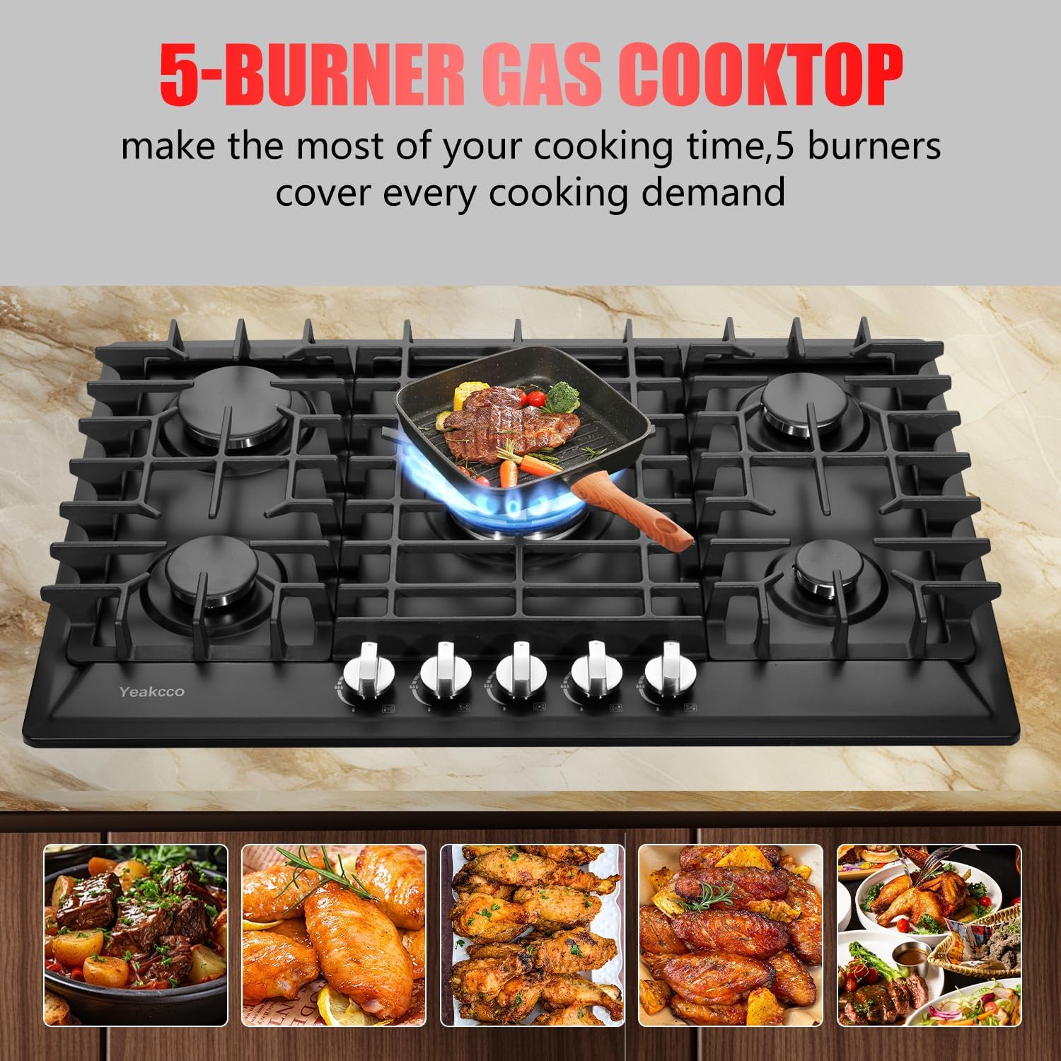 30 Inch Gas Cooktop, Built-in 5 Burners Stainless Steel Gas Stovetop Propane/Natural Gas Convertible Stove Top Dual Fuel Gas Hob (Black)