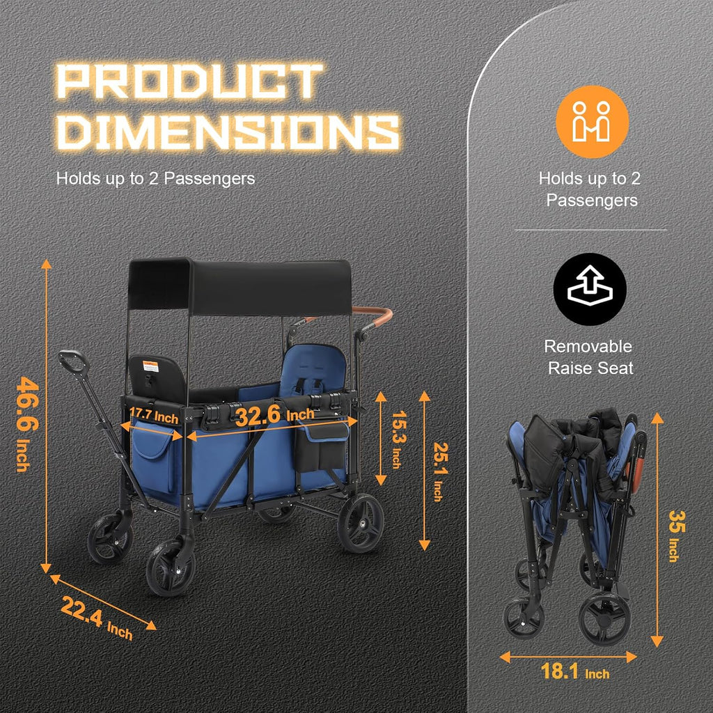 Wagon Stroller for 2 Kids, Foldable All-Terrain Wagon for Kids with Canopy, Adjustable Push and Pull Handles,Convertible High Seat & Organizer, 5 Point Harness (Blue)