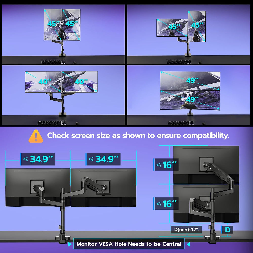 ARES WING Dual Monitor Arm Desk Mount for 17-49 Inch Ultrawide Monitors, Heavy Duty Dual Monitor Mount Holds 44 lbs, Full Motion Gas Spring Vertical Stacked Monitor Mount, 75/100 VESA Mount, Black