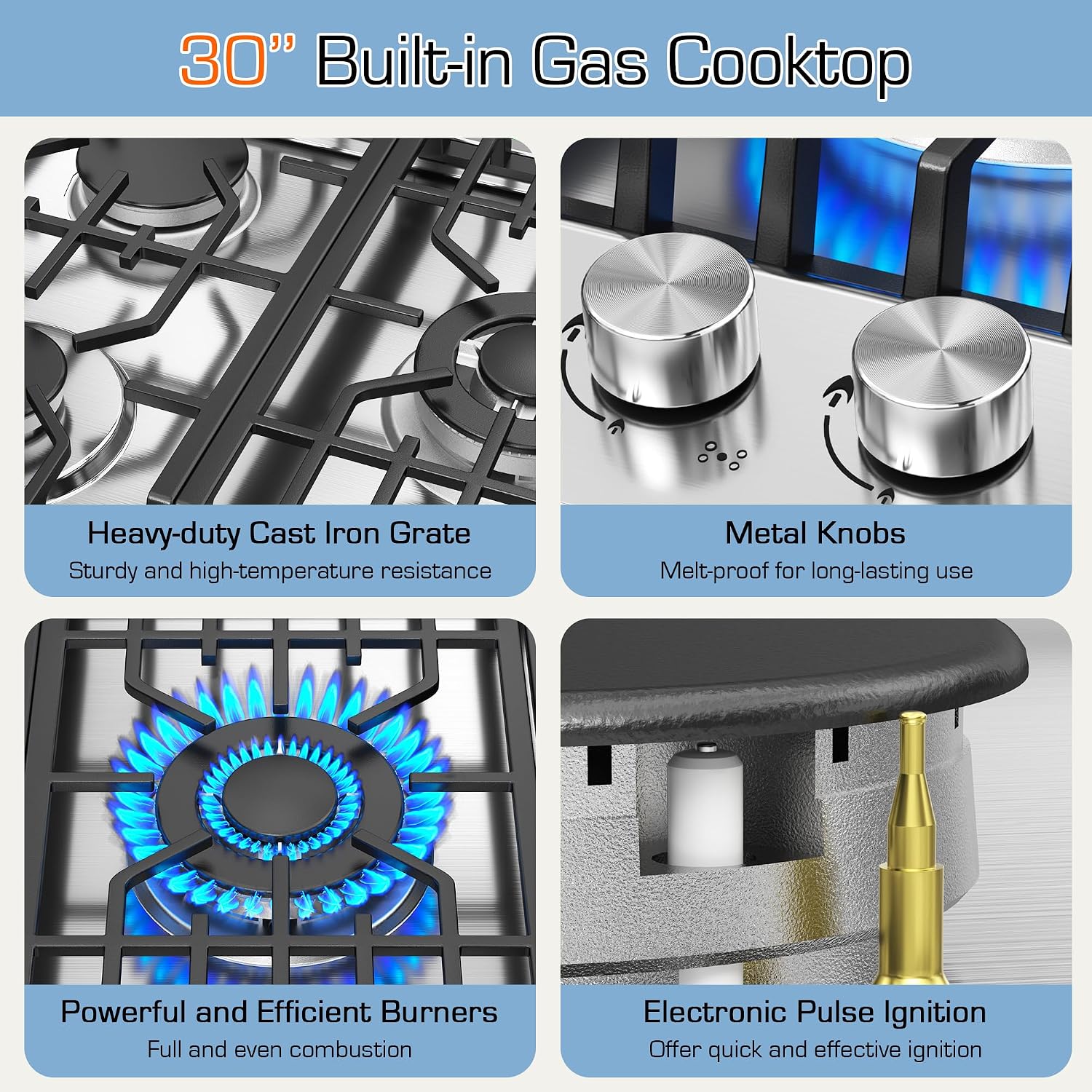 30 Inch Gas Cooktop, 5 Burner Dual Fuel Built-in Stove Top, Stainless Steel Propane/Natural Gas Cooktop with Thermocouple Protection, NG/LPG Convertible for Safe & Efficient Cooking