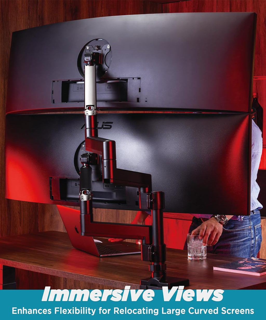 ULTRARM Heavy Duty Monitor Arm for Ultrawide Monitors up to 57' and 44 lbs, Single Desk Stand, Pneumatic Height Adjustable, Modular Extension Arms - Max VESA 100x100, Black, MA20P-S
