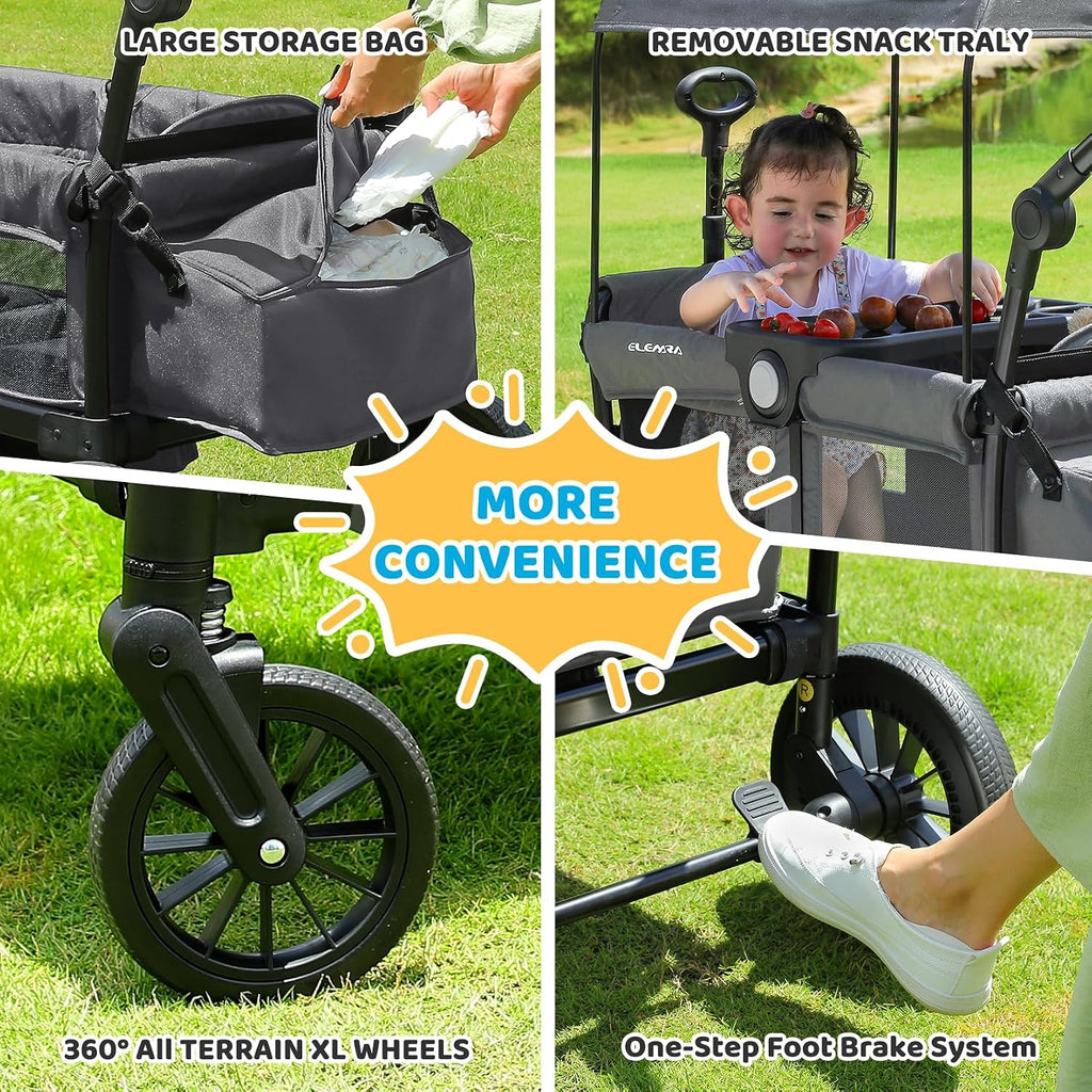 ELEMARA Foldable Wagon Stroller, Stroller Wagon for 2 Kids, Premium All Terrain Wagon for Kids with Removable Canopy, Adjustable Push/Pull Handle, Harnesses, Large Storage Bag, Grey