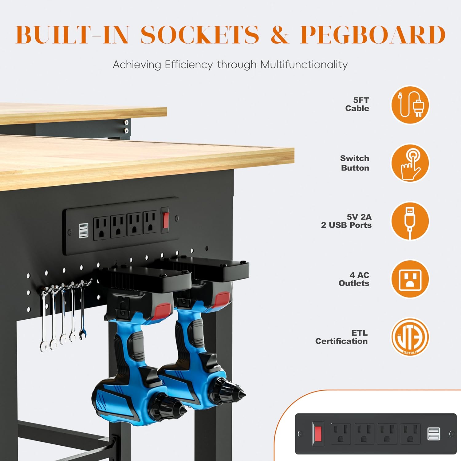 Betterhood 48'/60' Heavy-Duty Adjustable Workbench for Garage, Rubber Wood Shop Table,Hardwood Workstation Weight Capacity Over 1500 Lbs (Rubber Pad/Power Outlets/Ruler/63 x21.7 x35.8)
