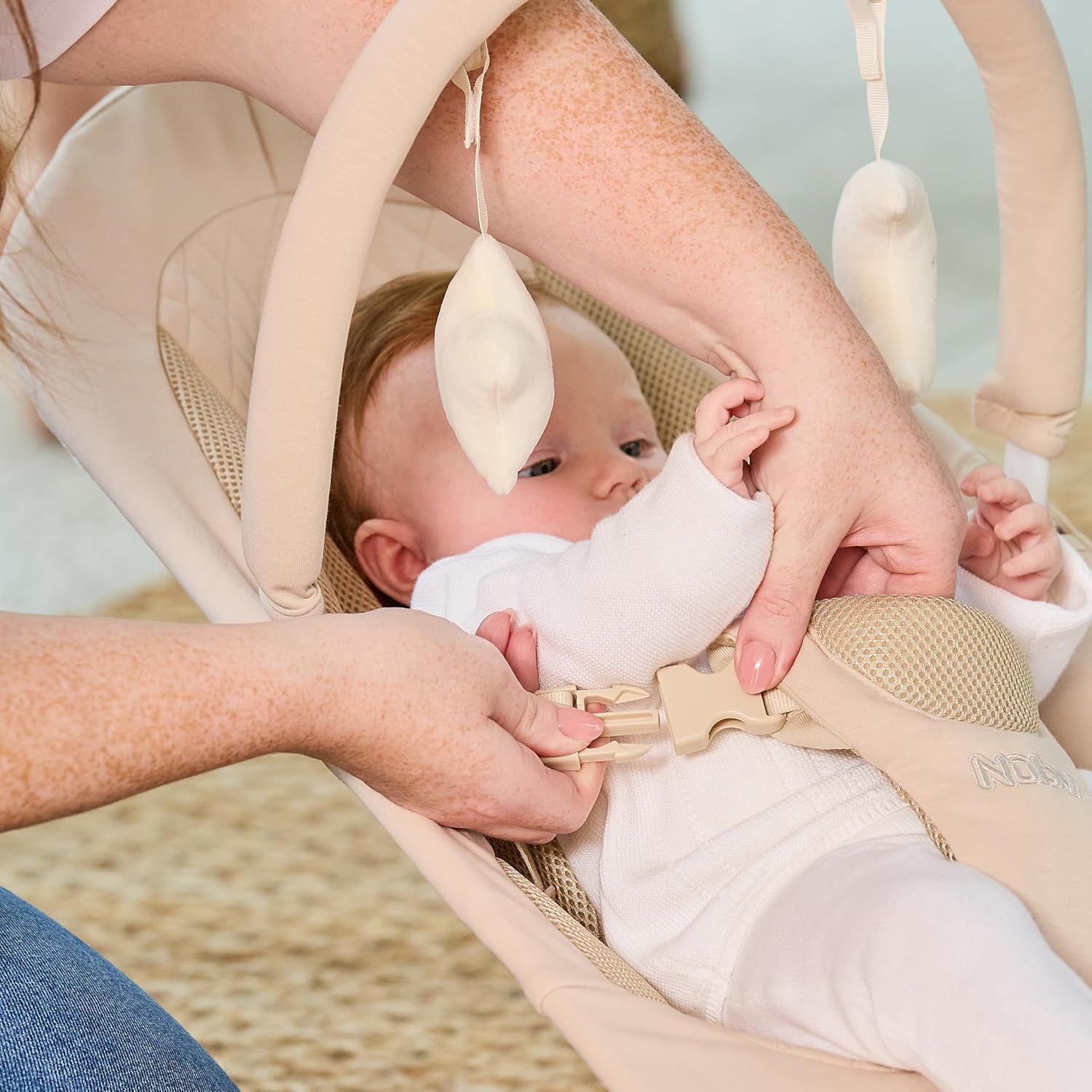 Nuby Deluxe Baby Bouncer Seat - Portable Infant Bouncer with Music, Fun Sounds, and Soothing Vibrations - Digital Display - 0-6 Months - Khaki