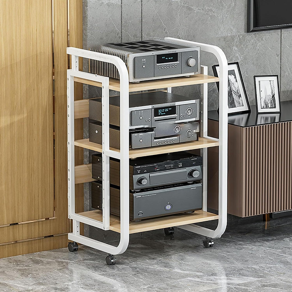 Gaming Audio Rack Stand - Corner Shelf with Storage for DVD, AV Media, & Record Player - Mobile Cart with Universal Wheels for Living Room, Gaming Room, & Music Studio (White, 50x42.5x70.1cm)