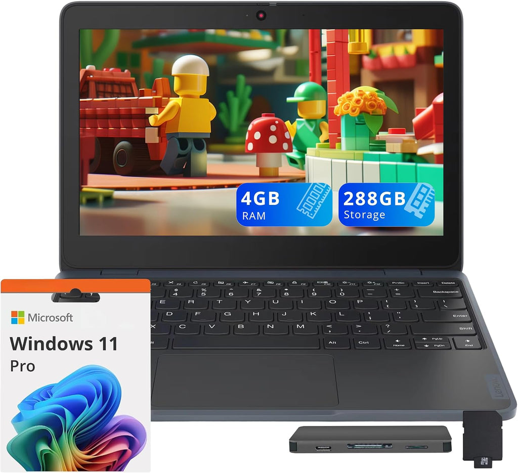 Lenovo 100w Gen 4 11.6' HD Laptop, Intel Processor N100, 4GB LPDDR5, 288GB Storage (128GB SSD+ 160GB Docking Station Set), Intel UHD Graphics, 720p HD Camera, Wi-Fi 6, Win 11 Pro, Gray