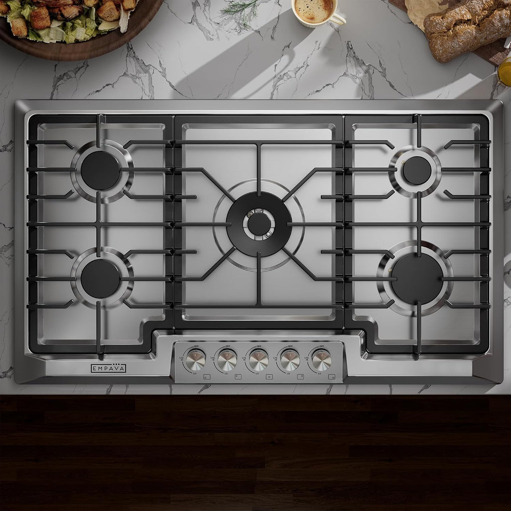 Empava EMPV-36GC23 36 Inch Stainless Steel Gas Cooktop Professional 5 Italy Sabaf Burners Stove Top Certified with Thermocouple Protection Silver