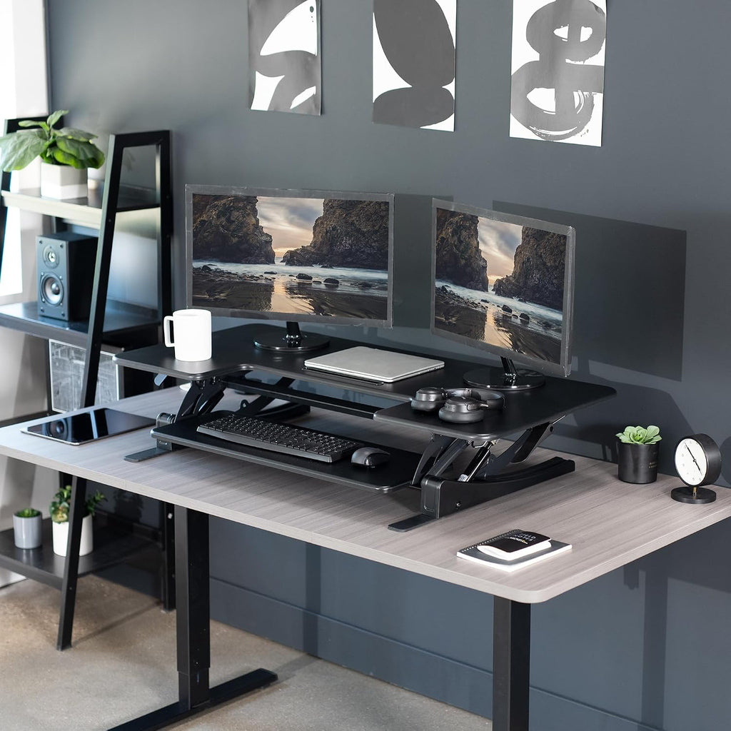 VIVO 48 inch Height Adjustable Large Stand Up Desk Converter, V Series, Quick Sit to Stand Tabletop Dual Monitor Riser Workstation, Black, DESK-V048V