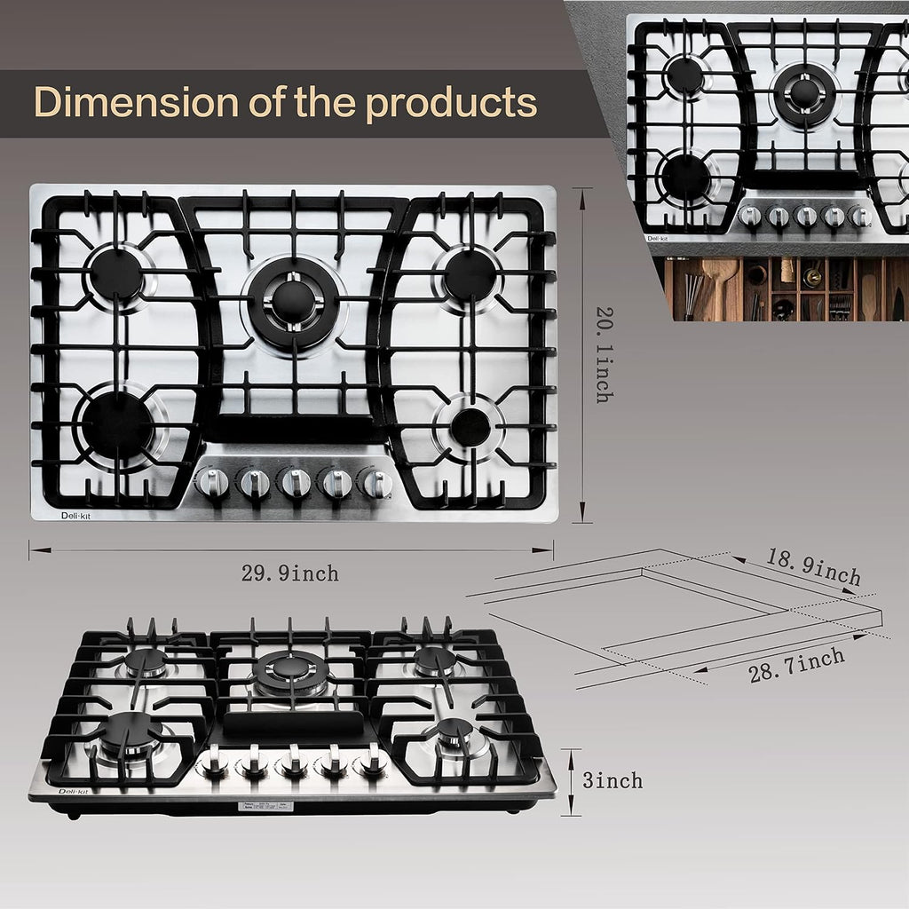 30 Inch Gas Cooktop - Dual Fuel Sealed 5 Burners Built-In Stainless Steel Hob DK257-A03