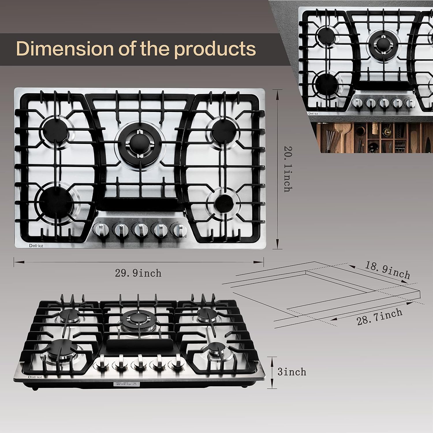 30 Inch Gas Cooktop - Dual Fuel Sealed 5 Burners Built-In Stainless Steel Hob DK257-A03