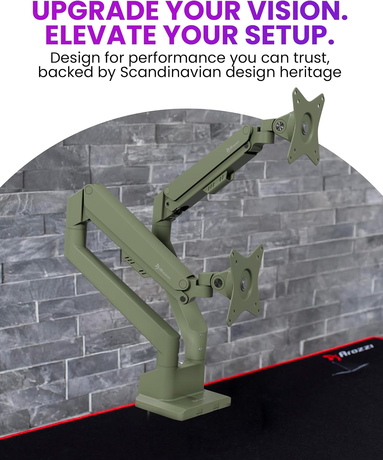 Arozzi Alzare Neo Duo Dual Gas Spring Monitor Arm - 2 Independent Arms, 17':34' Monitors, VESA 75/100, 360 Rotation, Up to 20 lbs Each, Cable Management, C-Clamp & Grommet Included - Forest Green