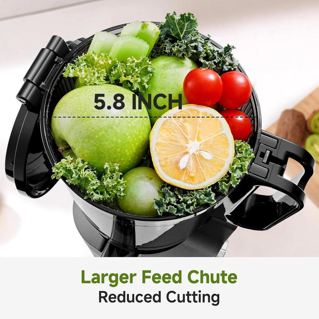 AMZCHEF Cold Press Juicer – 5.8' Wide Mouth Hopper for Whole Recipe Loading, Self Feeding for Hands-Free Operation, Zero Waste Masticating Juicer For More Juice, Less Pulp – Triple Strainers