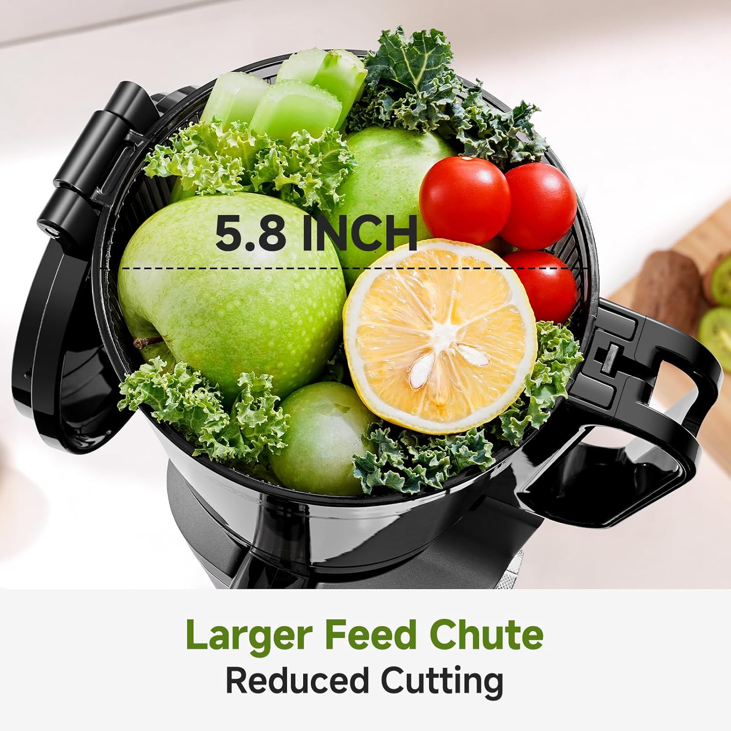 AMZCHEF Cold Press Juicer – 5.8' Wide Mouth Hopper for Whole Recipe Loading, Self Feeding for Hands-Free Operation, Zero Waste Masticating Juicer For More Juice, Less Pulp – Triple Strainers