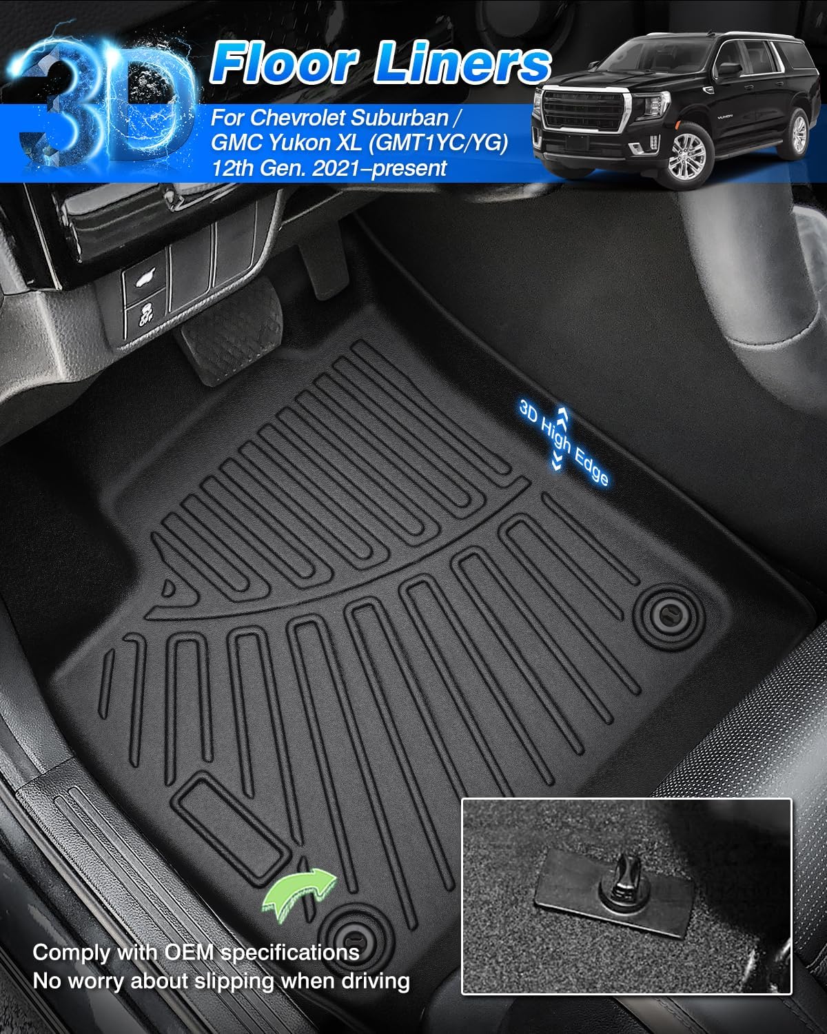 Floor Mats for Chevy Suburban & GMC Yukon XL 7 Seats 2021-2025 2026 All Weather Cargo Liner for Suburban Accessories Carpet TPE Heavy Duty Floor Mat (2nd Row Bucket Seats)