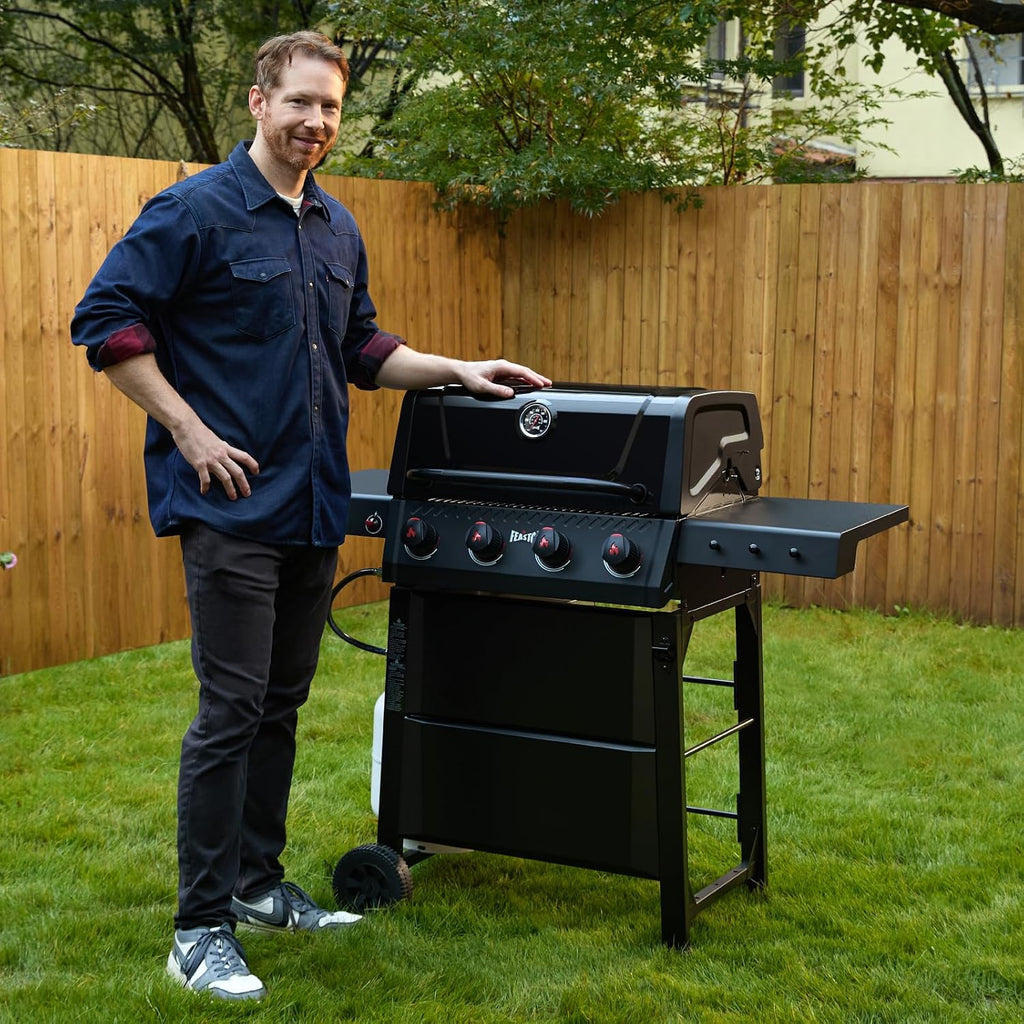 Feasto 4-Burner Gas BBQ Grill with Side Tables, 36,000 BTU Outdoor Propane Grill with Premium Enameled Coated Chamber Body & Porcelain-Enameled Grates for Deck Party & Patio BBQ, 559 Sq. In., Black