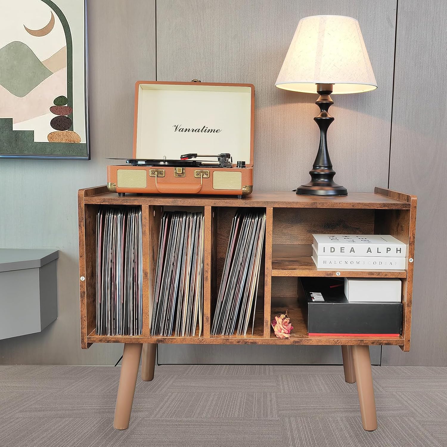 Record Player Stand with Vinyl Storage Holds Up to 300lb, Large Record Player Table Cabinet for Album Storage with Holder Vinyl Display Shelf, Wood Turntable Stand for Bedroom Living Room (Brown)