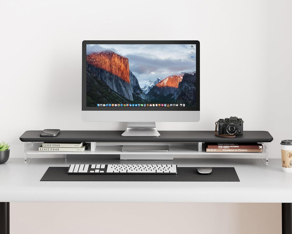 Fenge Acrylic Monitor Stand Riser, 42.5 Inches Dual Monitor Stand with Metal Storage, 2 Tier Acrylic Computer Riser for Desk, Clear Laptop Stand for PC, Laptop, Printer, TV, Black
