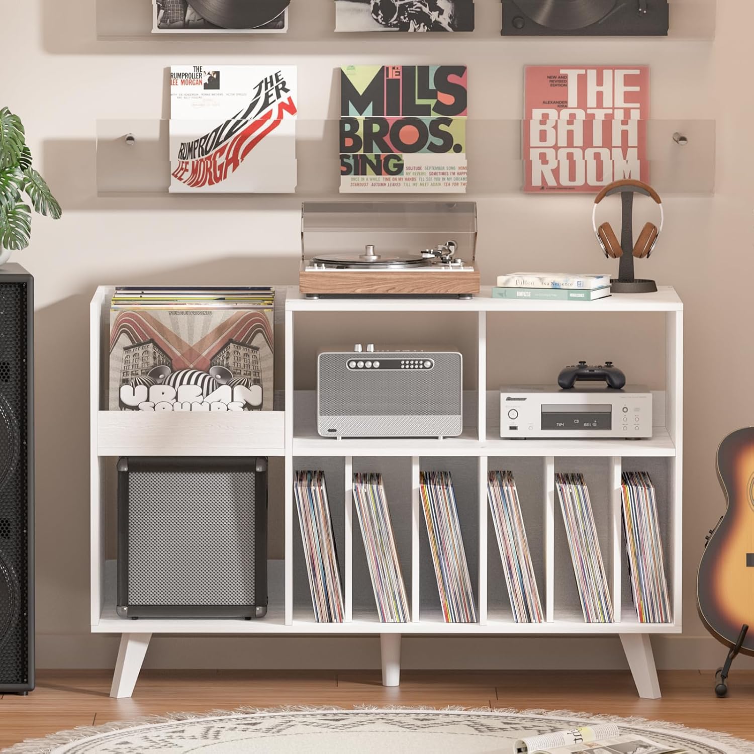 LELELINKY Large 48'' Record Player Stand with Storage, Vinyl Record Storage Holder with Display Area, Turntable Stand Record Player Table Holds Up to 450 Albums,Record Stand for Music Room Living Room