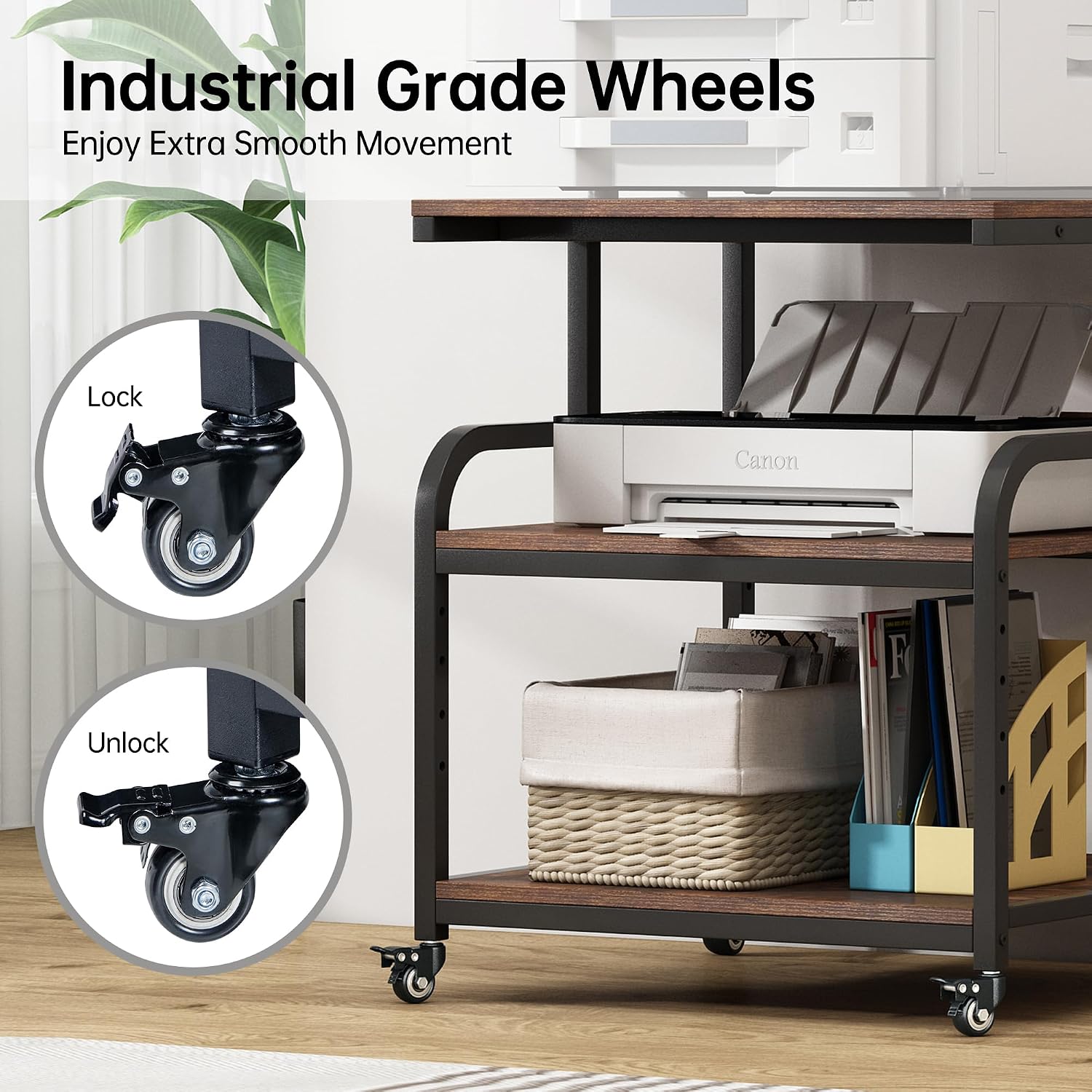 Fannova 23.6' Deep Extra Large Printer Stand, 3 Tier Printer Table with Adjustable Storage Shelf, Rolling Printer Cart with Industrial Wheels for Home Office, Rustic Brown