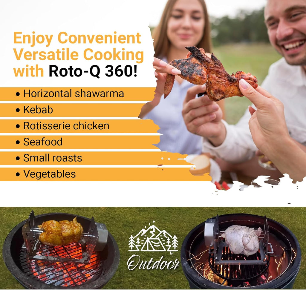 ROTO-Q 360 Cordless Universal Rotisserie Kit for Grills Ovens and Smokers - Non-Electric Wind-up Spit Roaster, Gas or Charcoal BBQ - Indoor/Outdoor (Stainless Steel)