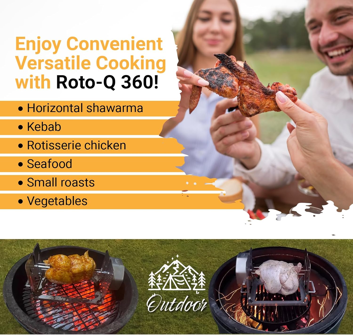 ROTO-Q 360 Cordless Universal Rotisserie Kit for Grills Ovens and Smokers - Non-Electric Wind-up Spit Roaster, Gas or Charcoal BBQ - Indoor/Outdoor (Stainless Steel)