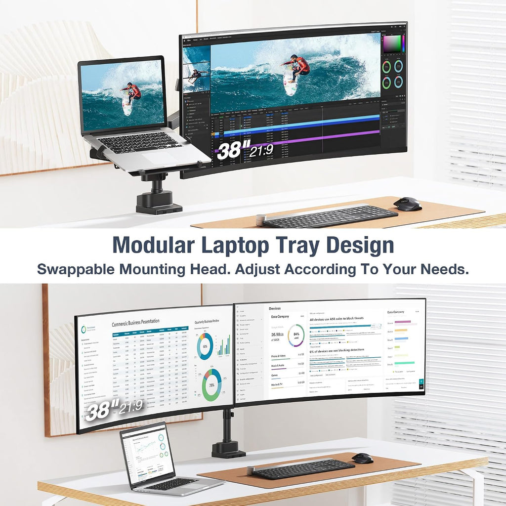 AVLT Laptop & 38 Inch Monitor Arm Pole Top Mount-Black, Supports 26.4 lbs (12 kg), Stacked Monitor, VESA Compatible, Ultrawide Screen Fit, Adjustable Height, Tilt Swivel Rotate, Cable Management