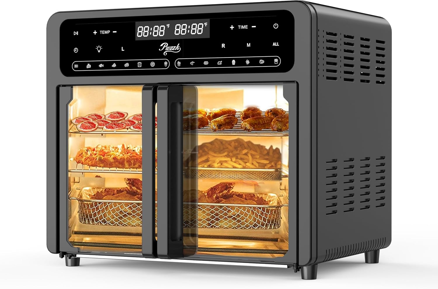 25.4QT Dual Zone Air Fryer Toaster Oven Combo, Featuring a French Door, Extra-Large Capacity, a Temperature Range of 100-430°F, 16 Preset Functions, an LED Display, Dual Fans (1)