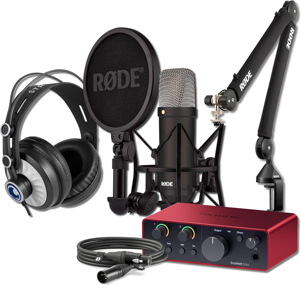 Rode NT1 Signature Series Black Recording Bundle with Focusrite Scarlett Solo Interface, StreamEye Cans50 Headphones, and Rode PSA1+ Boom Arm — 4 dBA Self-Noise, 48V Phantom Power, Air Mode