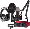 Rode NT1 Signature Series Black Recording Bundle with Focusrite Scarlett Solo Interface, StreamEye Cans50 Headphones, and Rode PSA1+ Boom Arm — 4 dBA Self-Noise, 48V Phantom Power, Air Mode