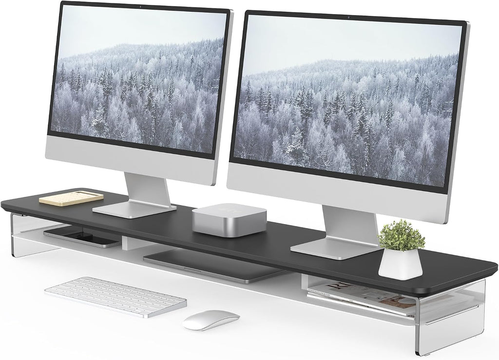 Fenge Acrylic Monitor Stand Riser, 42.5 Inches Dual Monitor Stand with Metal Storage, 2 Tier Acrylic Computer Riser for Desk, Clear Laptop Stand for PC, Laptop, Printer, TV, Black