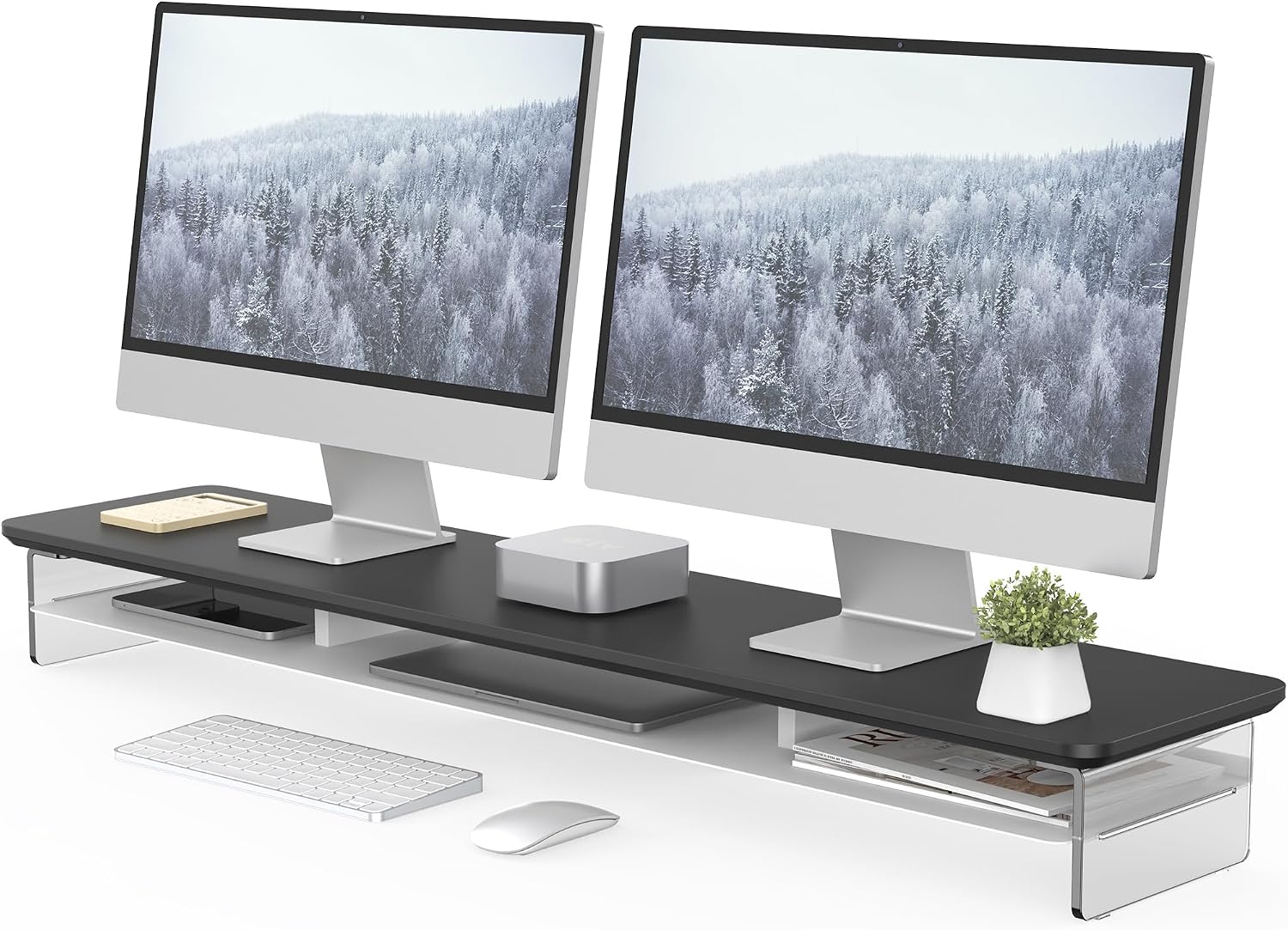 Fenge Acrylic Monitor Stand Riser, 42.5 Inches Dual Monitor Stand with Metal Storage, 2 Tier Acrylic Computer Riser for Desk, Clear Laptop Stand for PC, Laptop, Printer, TV, Black
