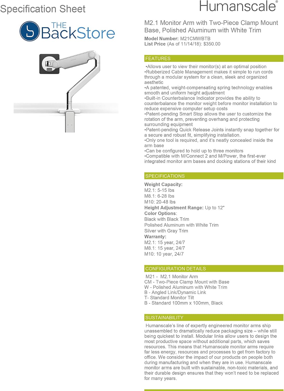 Humanscale M2.1 Adjustable Monitor Arm with Two-Piece Clamp Mount with Base - Polished Aluminum M21CMWBTB