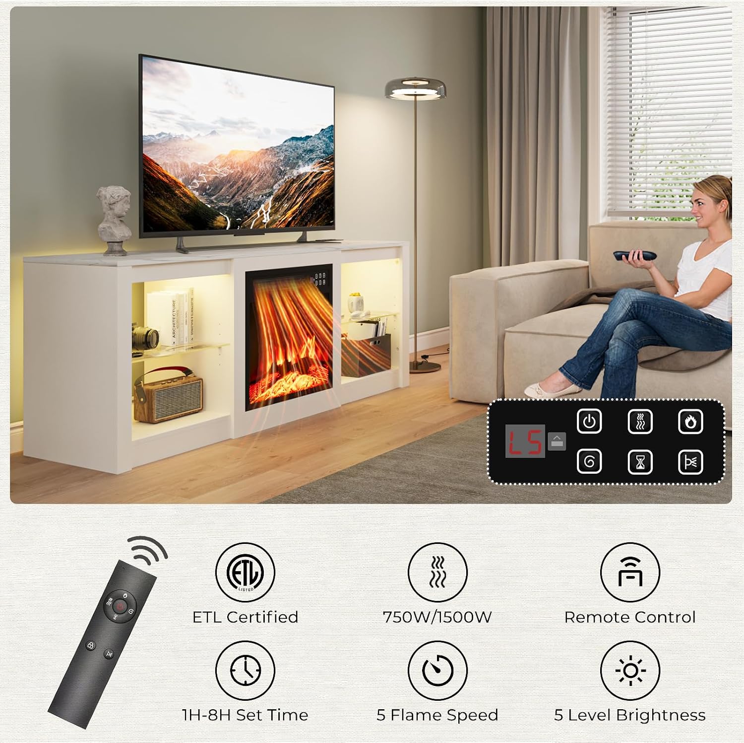 EAG Fireplace TV Stand for 65' TV, TV Stand with 18' Electric Fireplace, Entertainment Center with Glass Shelves, LED Lights and Power Outlets, Media TV Console for Living Room, White