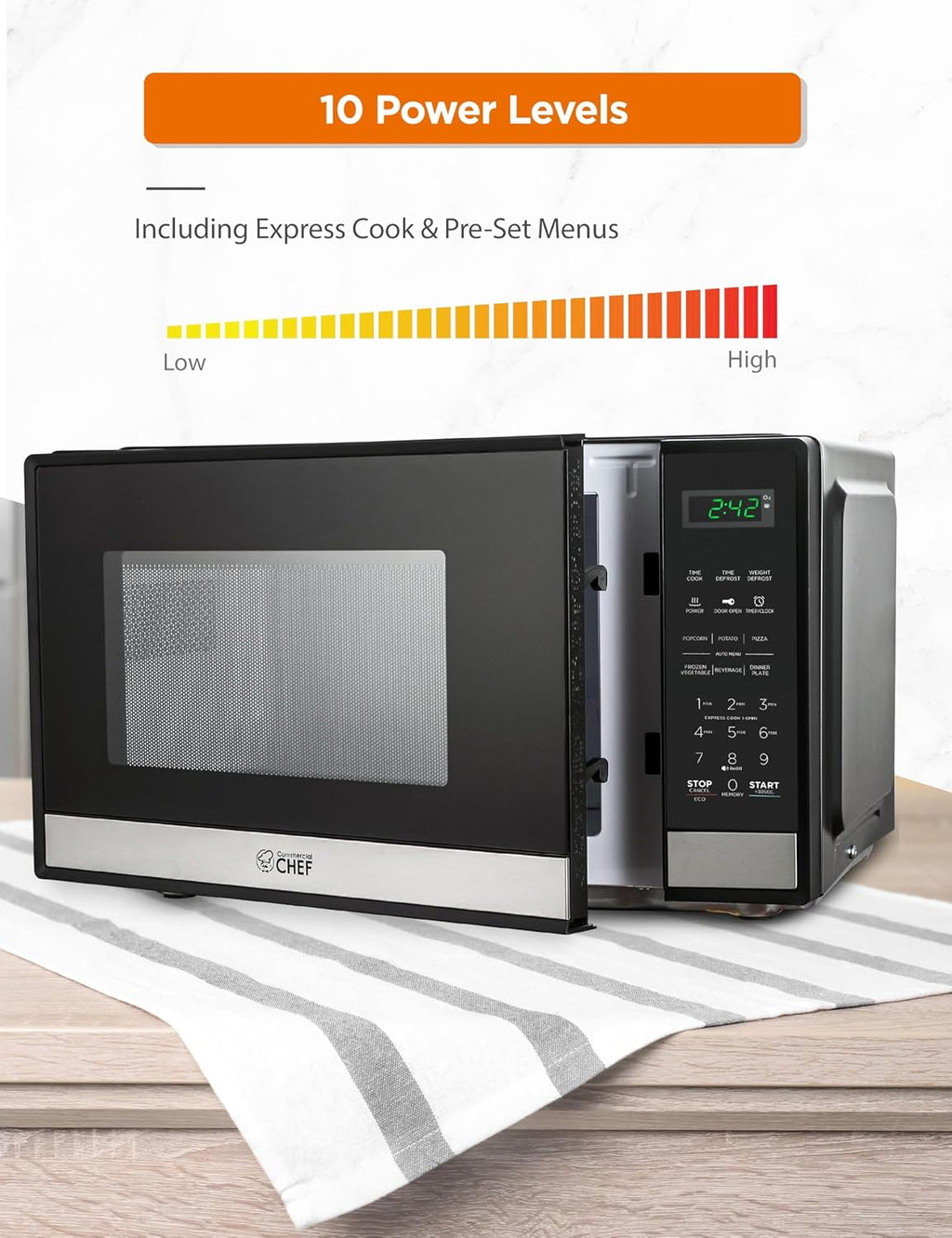Commercial CHEF Small Microwave 0.9 Cu. Ft. Countertop Microwave with Touch Controls & Digital Display, Stainless Steel Microwave & 10 Power Levels, Outstanding Portable Microwave with Pull Handle