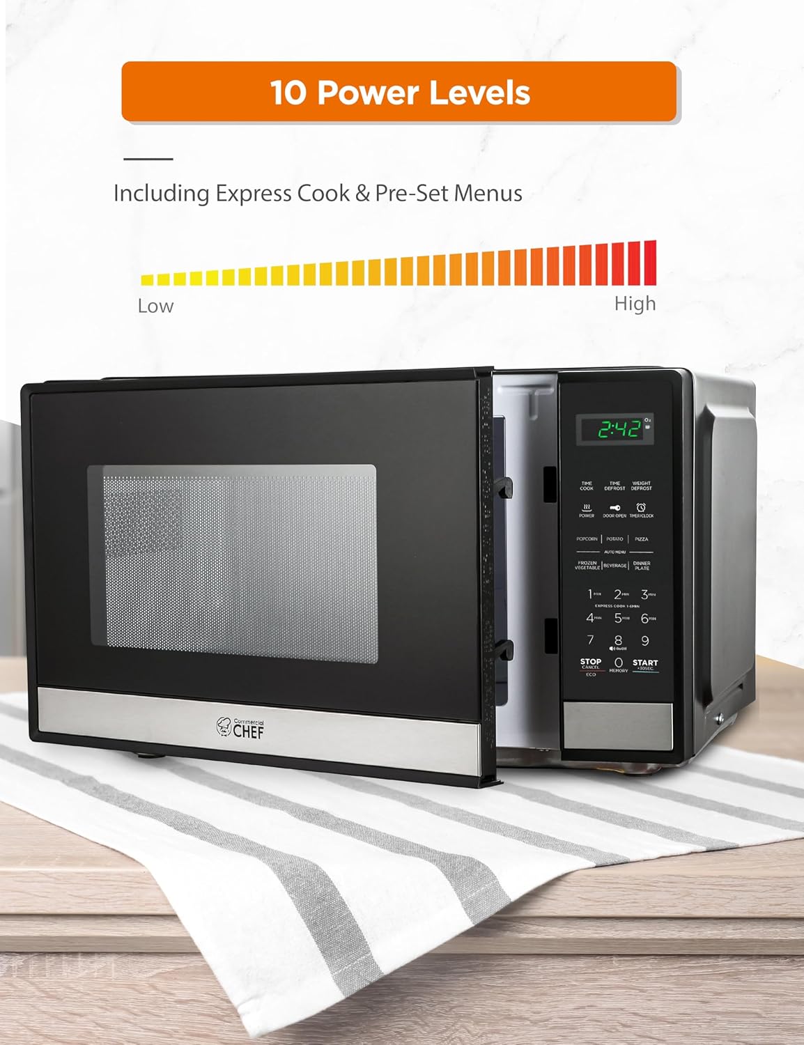 Commercial CHEF Small Microwave 0.9 Cu. Ft. Countertop Microwave with Touch Controls & Digital Display, Stainless Steel Microwave & 10 Power Levels, Outstanding Portable Microwave with Pull Handle