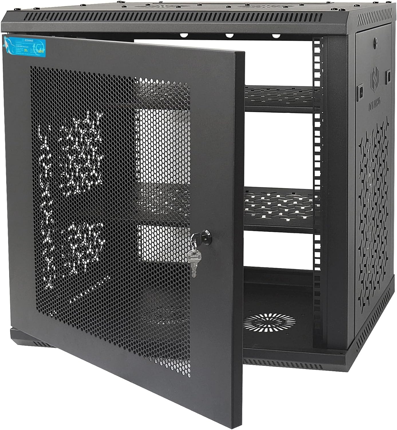 12U Wall Mount Server Cabinet with A Lockable Front Vented Door, Cooling Fans, Removable Side Panels - 45cm Depth, 19' Network Rack Including 2 PCS Full-Size Rack Shelves for IT Equipment