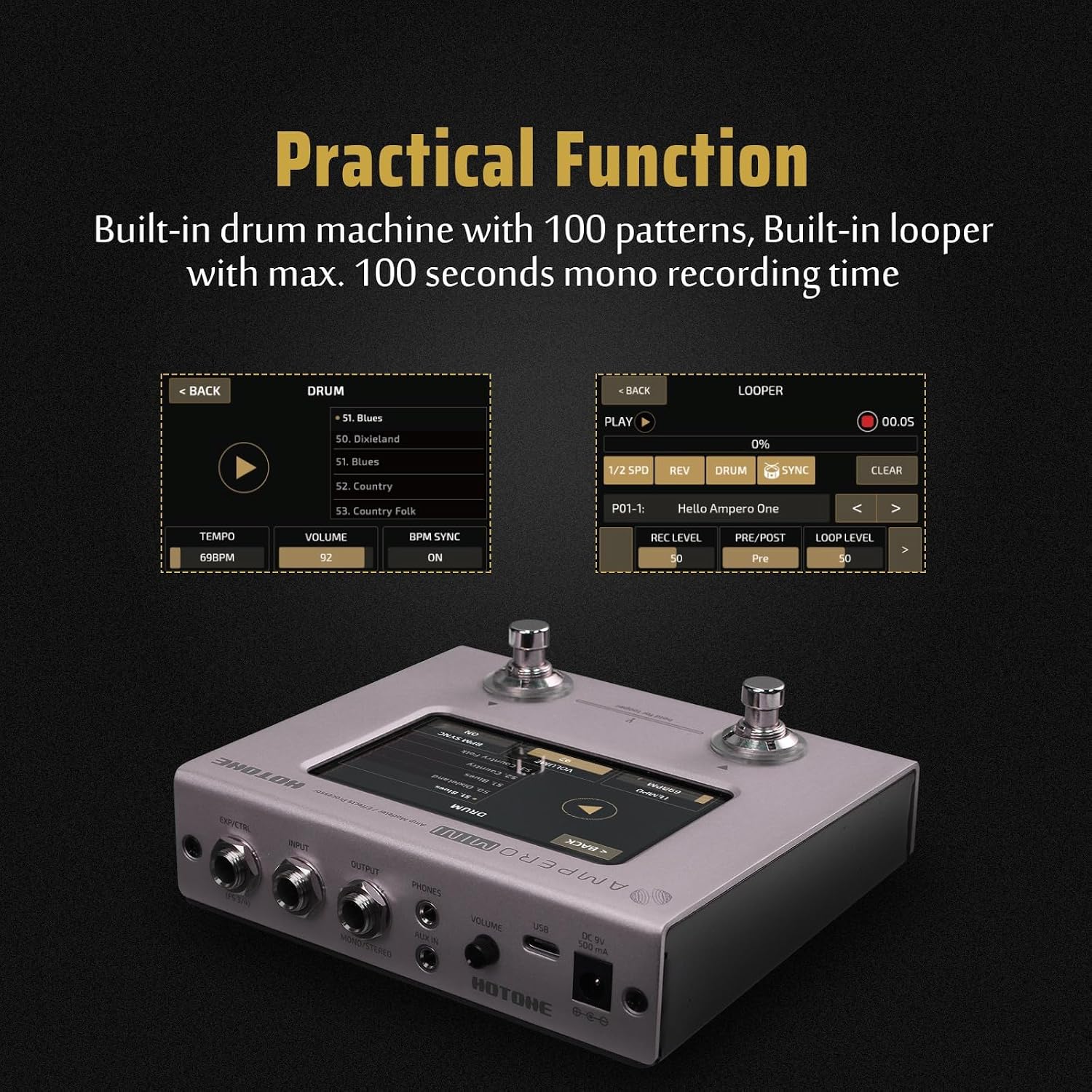 HOTONE Multi Effects Processor Pedal Guitar Bass Amp Modeling IR Cabinets Simulation Multi LanguageStereo OTG USB Audio Interface Ampero Mini MP-50 (Include 10 PCS Additional Footswitch Toppers)